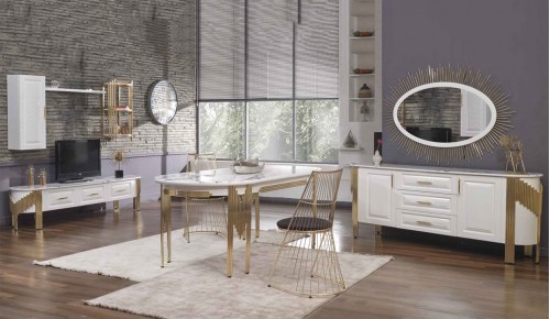 Bambu Yemek Odası Takımı - Beyaz Bambu Yemek Odası Takımı - Beyaz